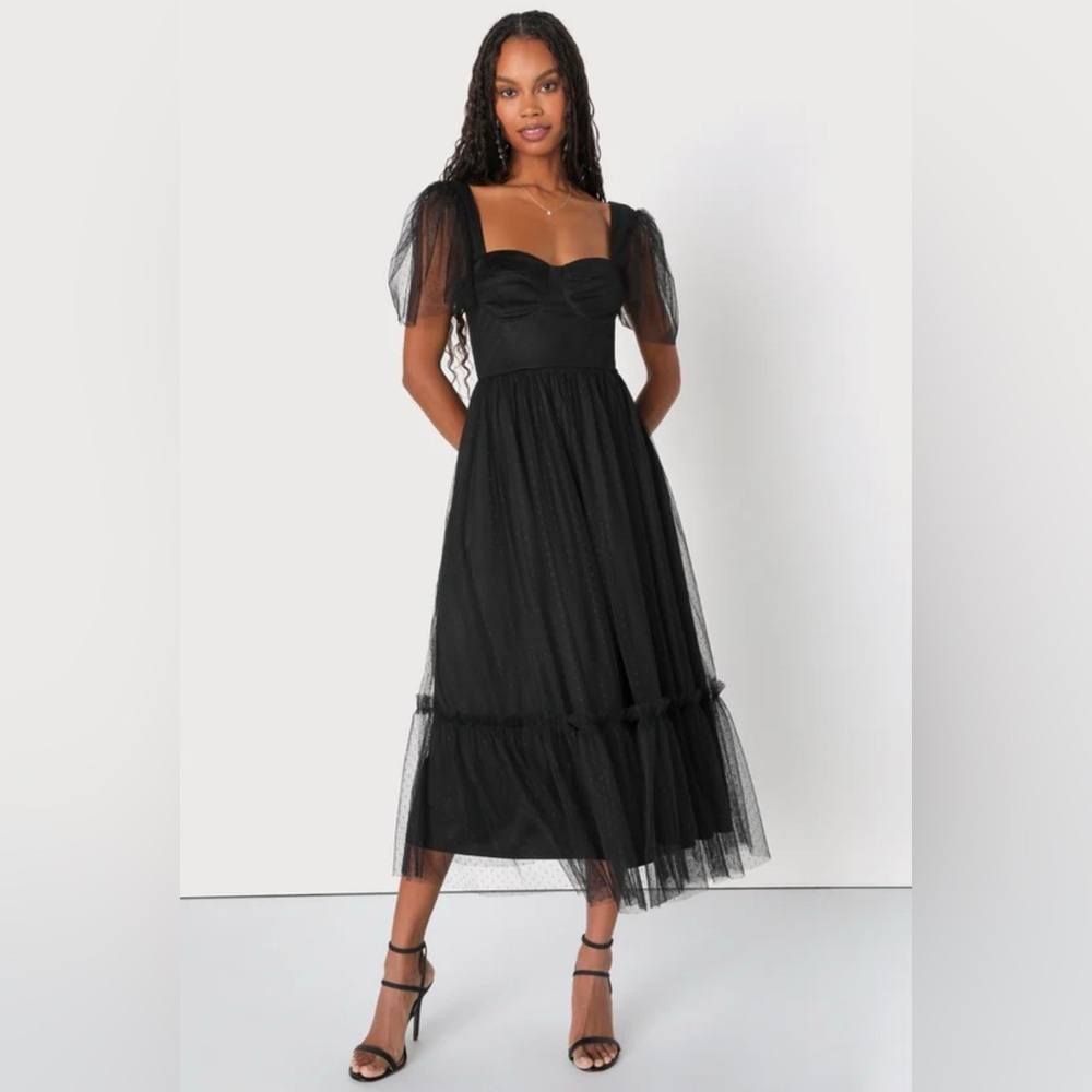 NWT Lulu's Dreamy Celebration Black Tulle Bustier Swiss Dot Midi Dress Small